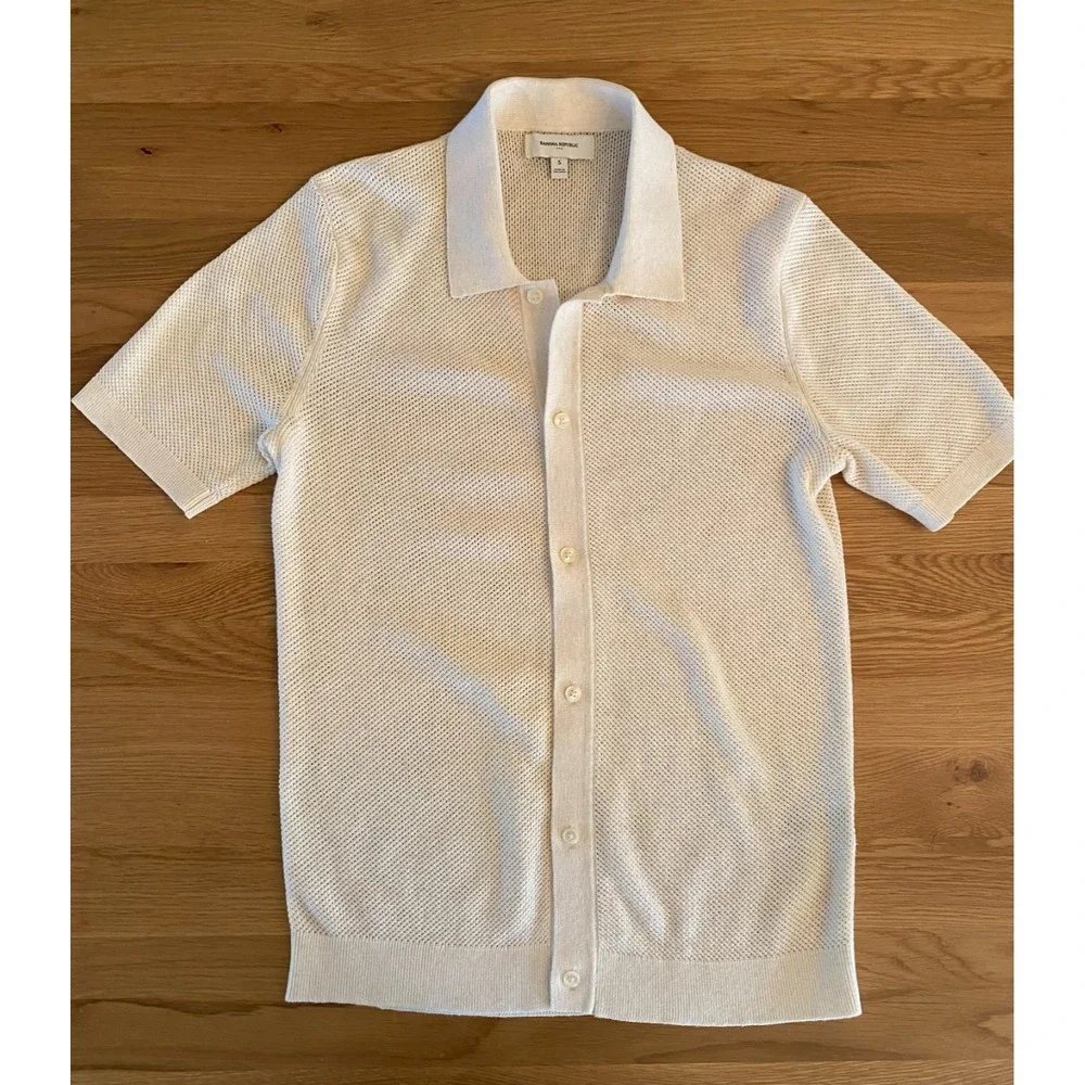 Banana Republic Sweater Polo Mens S Ivory Open Knit Short Sleeve Button Front